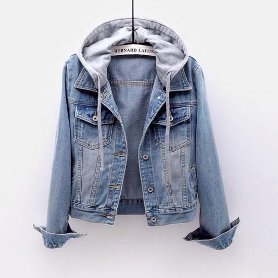 Women's Slim Hooded Denim Jacket - Popular Japanese and Korean Style, Long-Sleeved, Short Length for Spring and Autumn