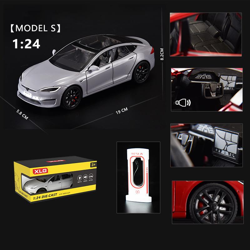 1/24 Scale Diecast Vehicle for Tesla Model S Model Car with Charging Station Collectible Sound Light Toy