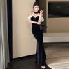 Celebrity Mesh Stitching Velvet Dress Dress with Chest Pads