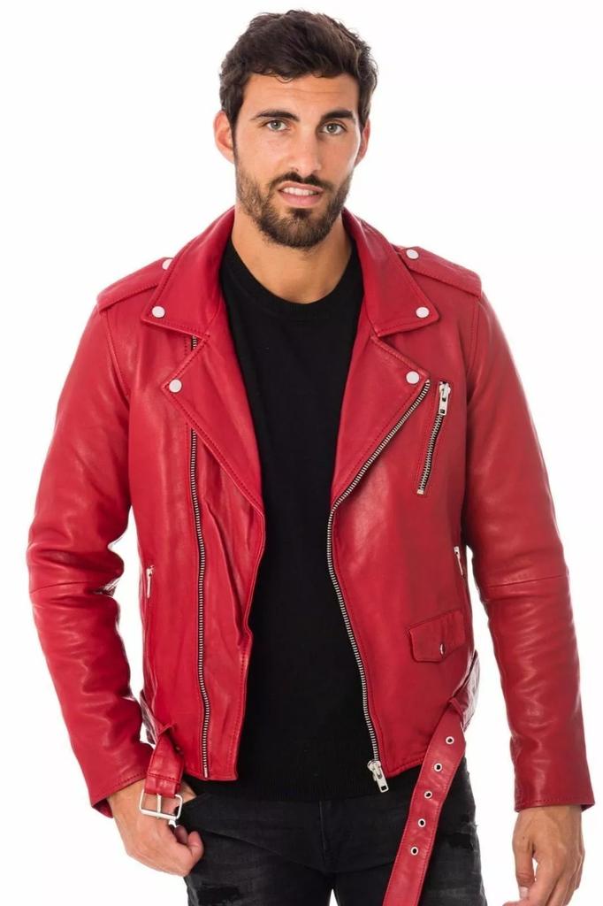 RED Men's Leather Jacket Stylish Real Lambskin Handmade Casual Biker Motorcycle