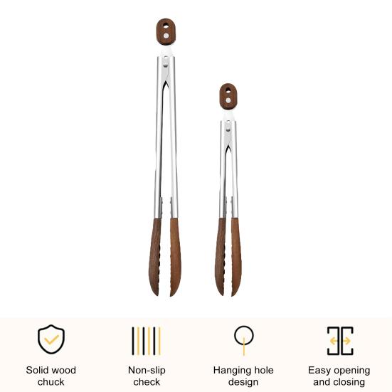Wooden Tongs for Cooking Stainless Steel Kitchen Tongs Food Clip with Locking Mechanism