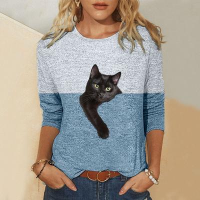 Большие размеры, блузки с котом, 5xl, повседневные рубашки контрастного цвета с принтом кота, рубашка из хлопка с длинными рукавами для женщин, Blusas De Mujer