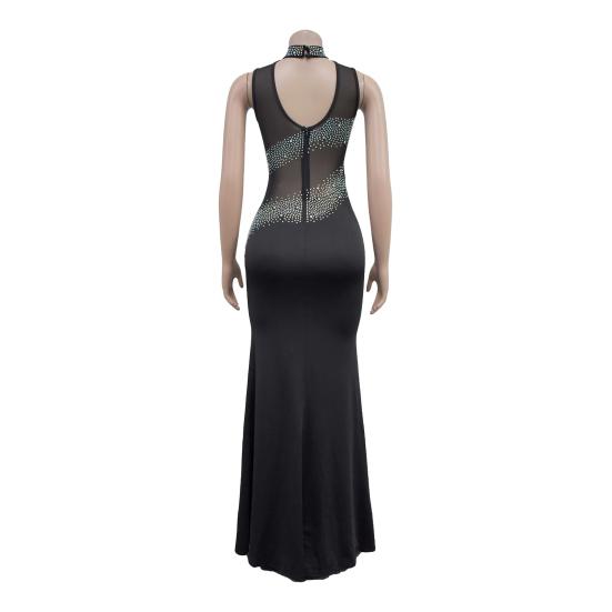 Lady Evening Dress Rhinestone Decor Mesh Patchwork Sleeveless Skinny Round Neck Wedding