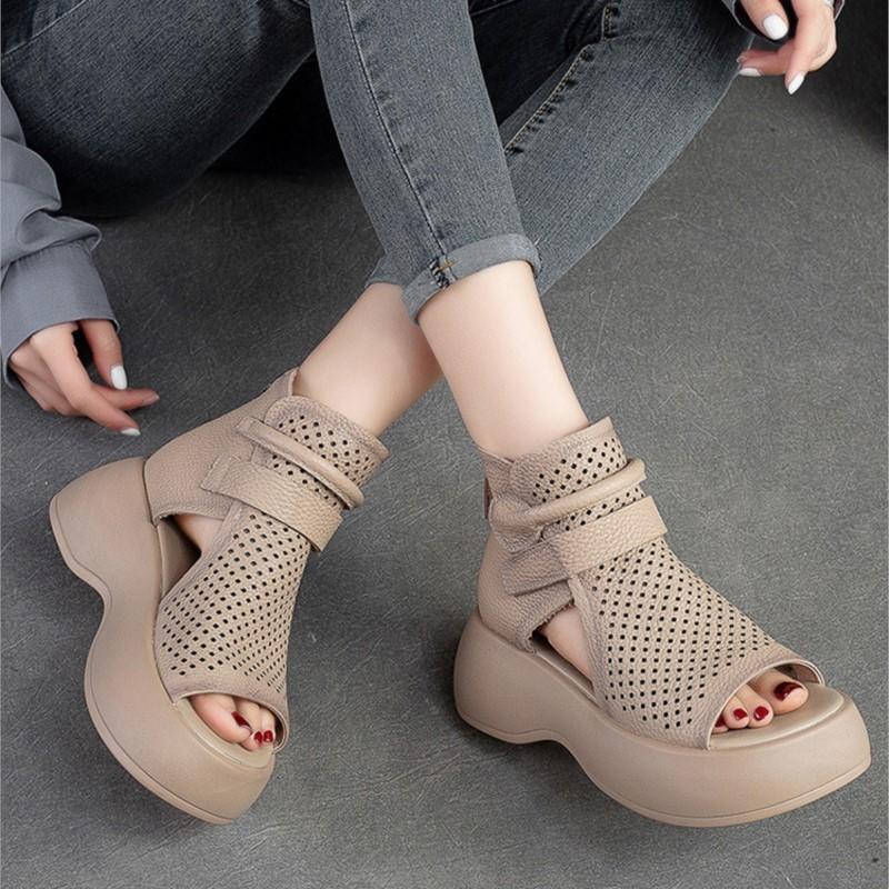 Летние сандалии с открытым носком на толстой подошве, женские дышащие удобные туфли на платформе из натуральной кожи с открытым носком