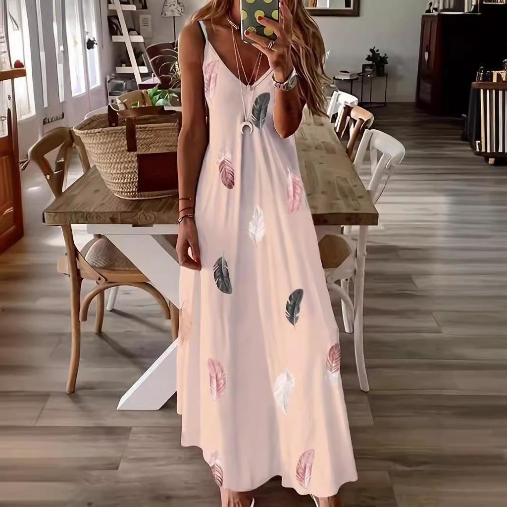 GMXIA Весна и лето Новые узкие без рукавов с принтом перьев, глубоким вырезом, V-образным вырезом, халтером и длинным женским платьем