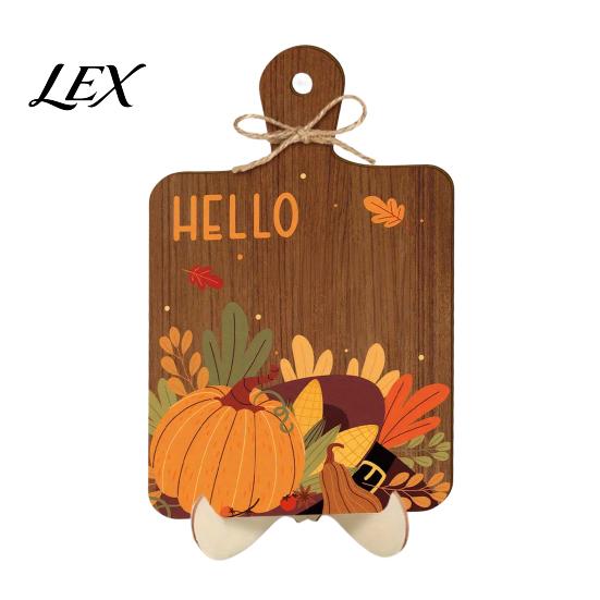 Natural Wood Craft Ornaments Hello Fall Wooden Sign, Cutting Board Shape Autumn Harvest Tabletop Ornament with Thanksgiving Hanging Rope & Stand,