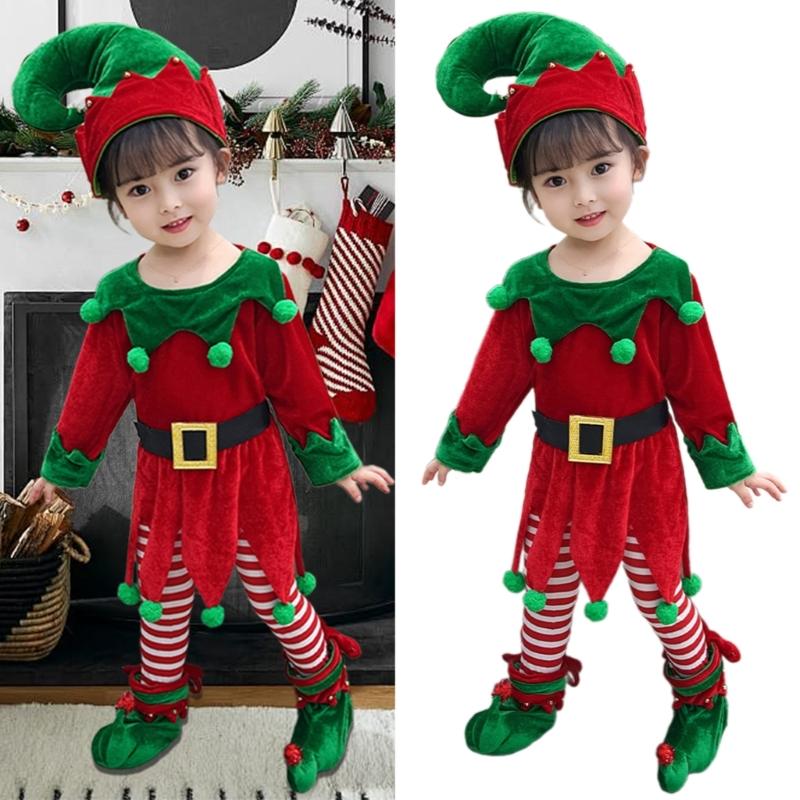 Children Christmas Dwarf Accessories for Boy Girl Kids Christmas Elf Costume Includes Elf Suit Elf Hat and Shoe Covers