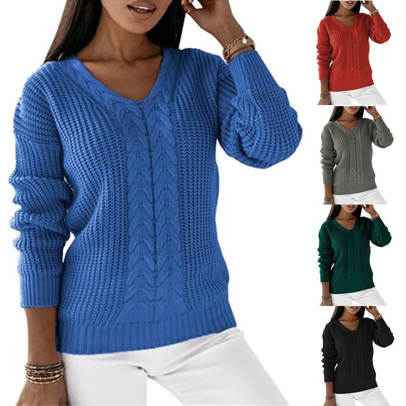 Women's Long Sleeved V Neck Solid Colour Cable Knit Casual Pullover Luxurious Relaxed-fit Slimming and Versatile Top