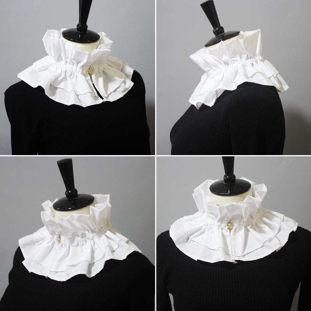 Vintage Detachable Double Layer Ruffled False Collar for Women Victorian Renaissance Button High Neck Ruff Party Costume