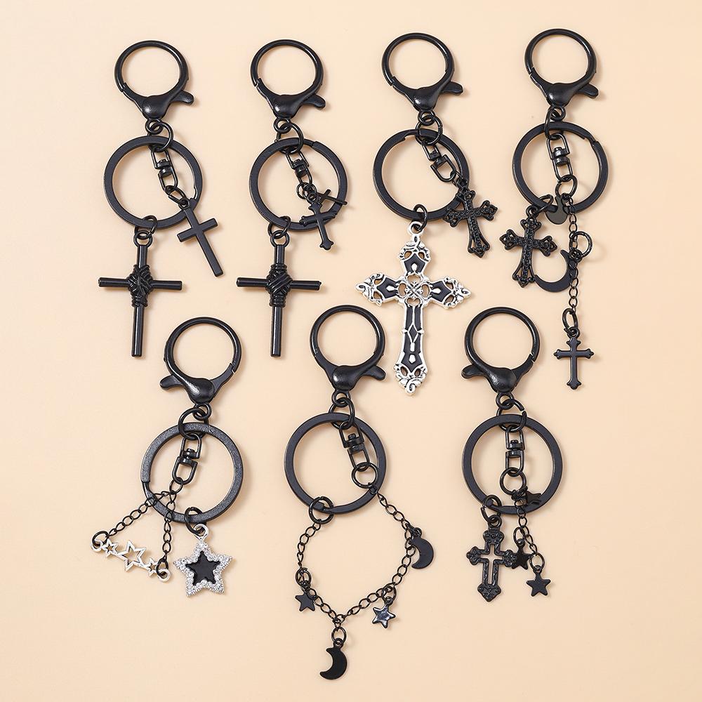 Cool Gothic Punk Black Cross Keychain Moon Star Key Ring Pendants for Women Handbag Decor DIY Handmade Jewelry Gifts