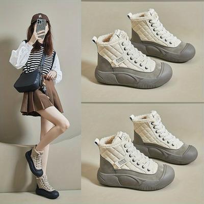 Женские зимние кроссовки с высоким верхом, обувь на платформе с нескользящей резиновой подошвой, бежевые и черные, с амортизирующей стелькой для комфорта в течение всего дня, повседневные ботинки
