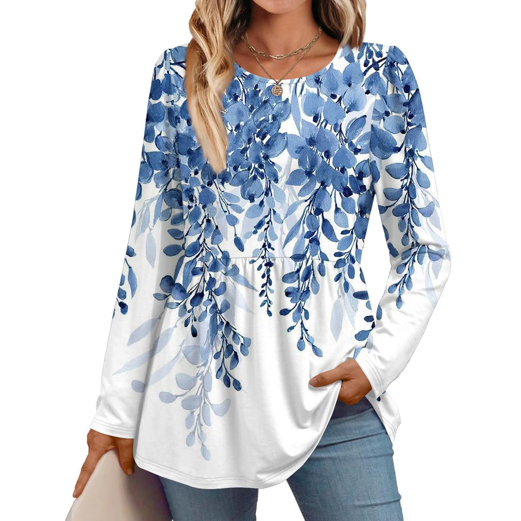 Women's Casual Fashion Long Sleeve Shirt Floral Printed Tunic Top