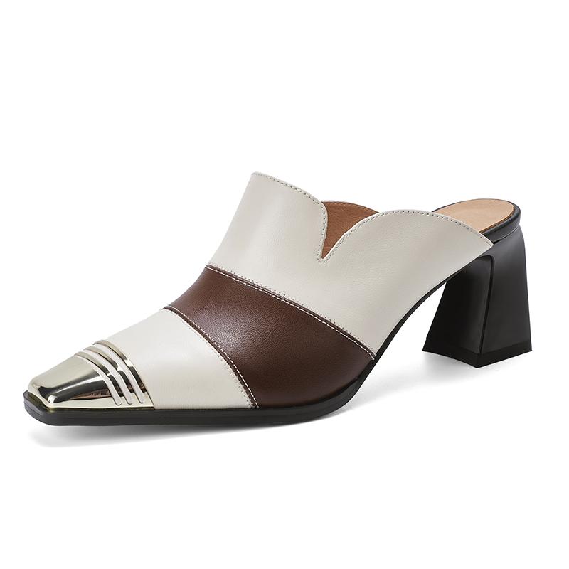 Мода 2025 Новые женские мюли из натуральной кожи с металлической отделкой, модные туфли на среднем устойчивом каблуке, летние клипсы, тапочки, женская повседневная офисная обувь