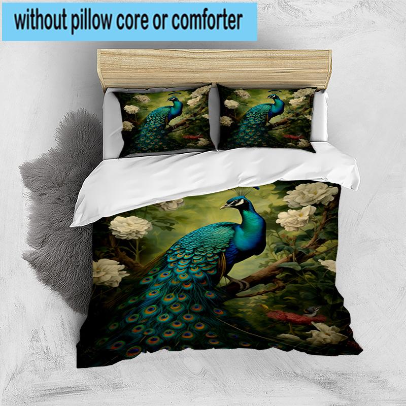 Blue Peacock Blossoms 3pcs Bedding,Including 1pc Duvet Cover And 2pcs Pillowcases Perfect for Christmas,Ideal for Bedroom, Dormitory