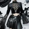 Emo Alt Velvet T-shirt Women Vintage Mall Gothic Lace Patchwork Flare Sleeve Crop Tee Tops Coquette Elegant Outfts Femme