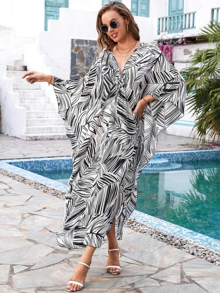 European & American Cotton Print Plus Size Loose Beach Dress Cover-Up for Women