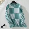 2024 European And American Autumn And Winter New Checkerboard Style Pullover Long Sleeved Knitted Round Neck Contrasting Sweater For Women