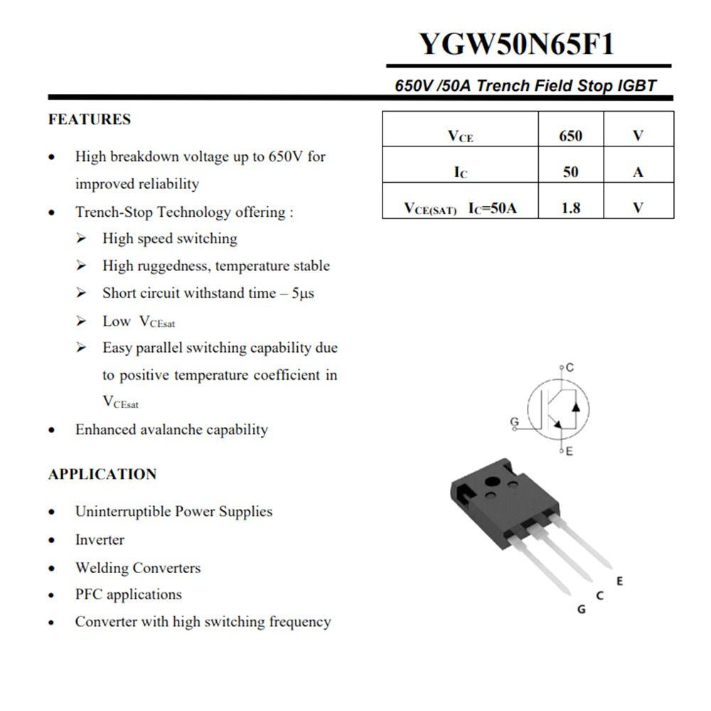Обычно используемый YGW40N65F1 сварочный аппарат Аксессуар IGBT инвертор МОП полевой эффект трубки YGW60N65F1