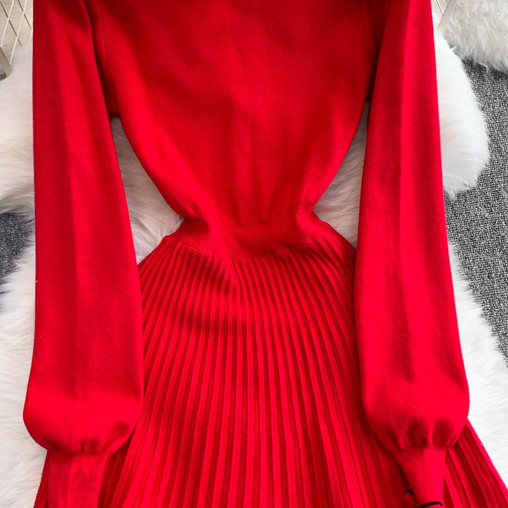 Spring Autumn Women College Stle Polo Color Full Sleeve Bowtie Knitted Sweater Mini Short Pullover Pleated Dresses