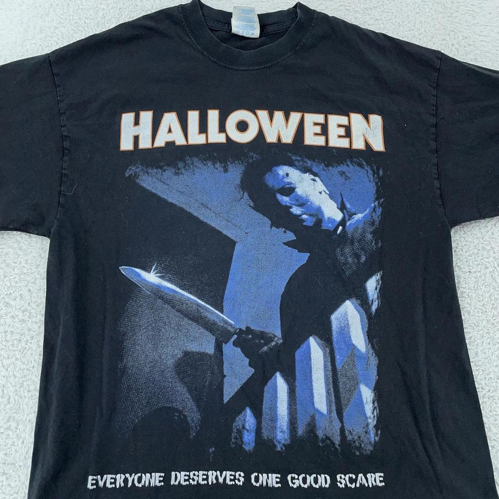 Vtg Halloween Shirt Mens Large Black Michael Myers Horror Movie Tee Big Print