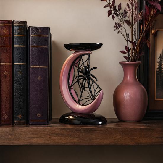 Halloween Table Decor Pink Moon Spider Candle Holder, Sweet Dark Aesthetic Tray for Modern Gothic Home Furnishing Pillar Candles, Resin Tabletop