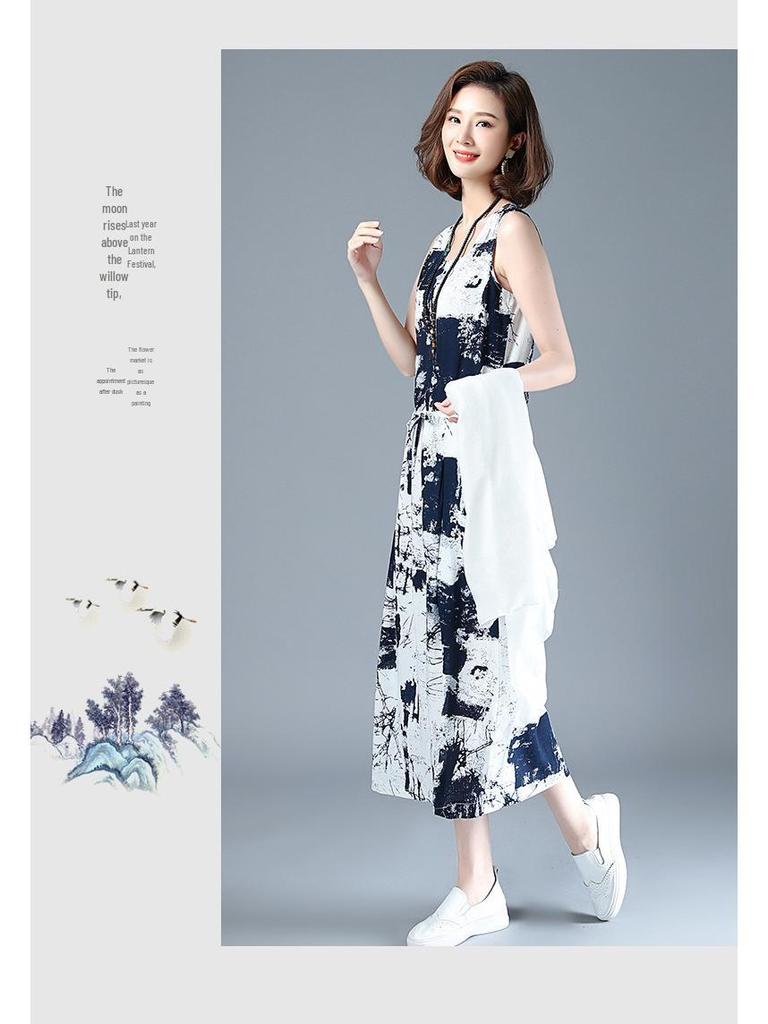 Женский летний костюм-двойка из хлопка и льна с шалью с принтом тушью, 2025