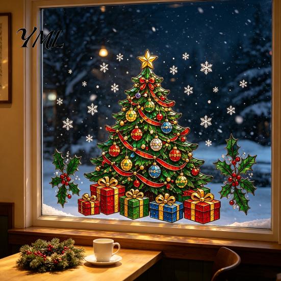 Winter Wonderland Window Decor Christmas Stickers, Holiday Decorations, Festive Art with Xmas Tree Reusable Clings Snowman Angel Patterns for