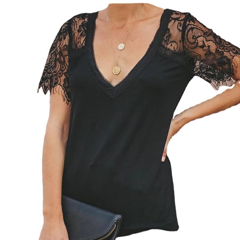 YYFS Женские модные повседневные летние весенние однотонные блузки и рубашки с v-образным вырезом и короткими рукавами с принтом