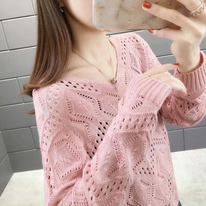 Hollow Knit Sweater Thin Women's Loose Pullover Sweet Outer Bottomed Blouse College Girl Style Hand Knitting