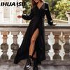 Women's Autumn and Winter Simple Solid Color V-neck Long Sleeve Lace-up Long Dress Women