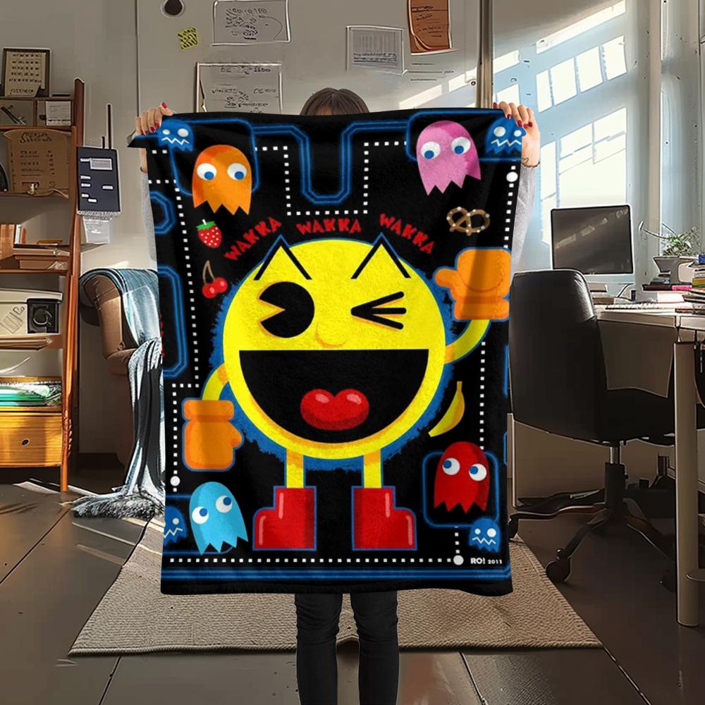 1 шт. Фланелевое одеяло с принтом Pacman, Высококачественное, Удобное для всех сезонов, Декор для дома, Тепло и уют, Идеально для подарков