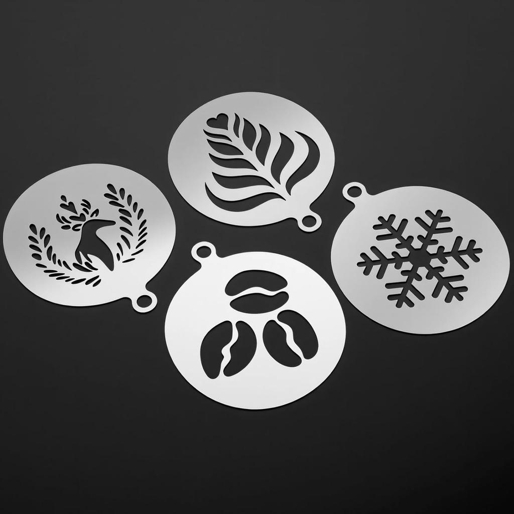 4 Pcs Coffee Stencils Latte Art, Latte Art Stencils Stainless Steel Construction, Coffee Stencil Short Handle Design for Professional Home Cafe and