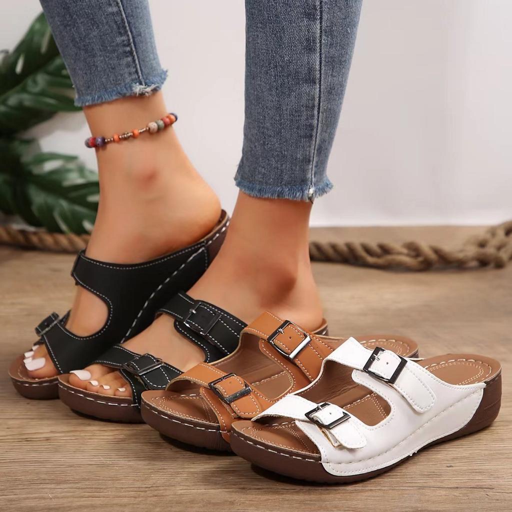 New Slope Heel Slippers Thick Sole Hollow Solid Color Women's Slippers Casual and Lightweight Large Ladies Slippers