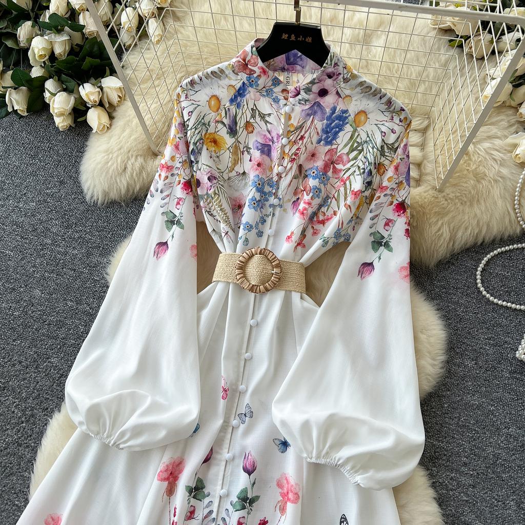 Spring Summer Women Retro Print Single Breasted Long Maxi Big Swing Vacation Beach Dresses with Belt