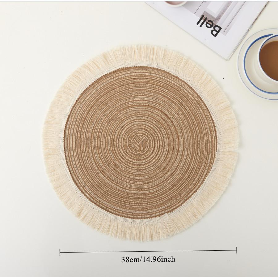 Nordic Ramie Western Food Mat Bowl Mat Tea  Tassel Edge Cotton Yarn Insulated Vegetable  Plate  Round Meal Mat 5pcs