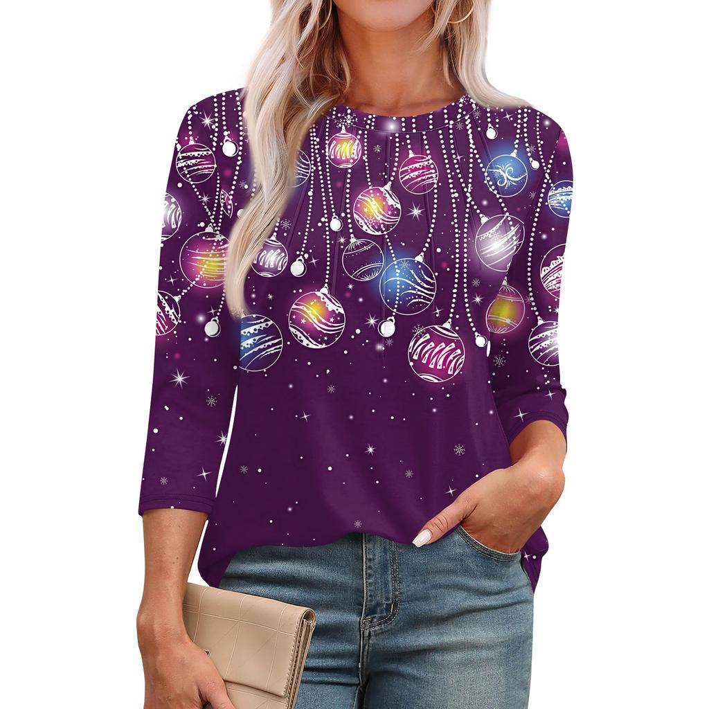 Женская модная футболка с круглым вырезом и рукавом 3/4 с принтом, повседневная, базовая, плиссированная, пуловер