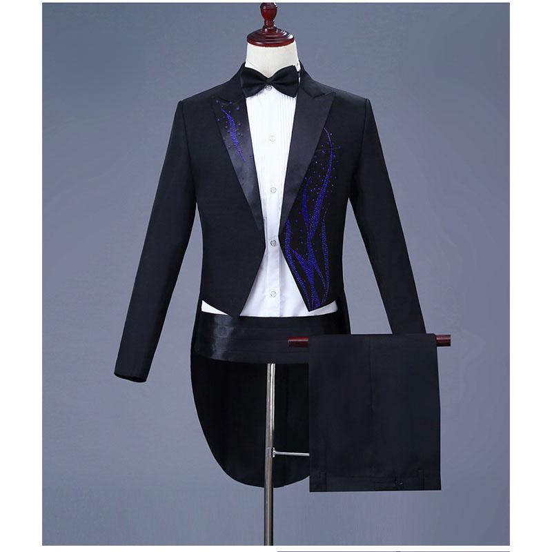 Мужское платье для выступлений, смокинг с цветными водорослями и бриллиантами, черно-белый костюм волшебника бельканто, певца, дирижера
