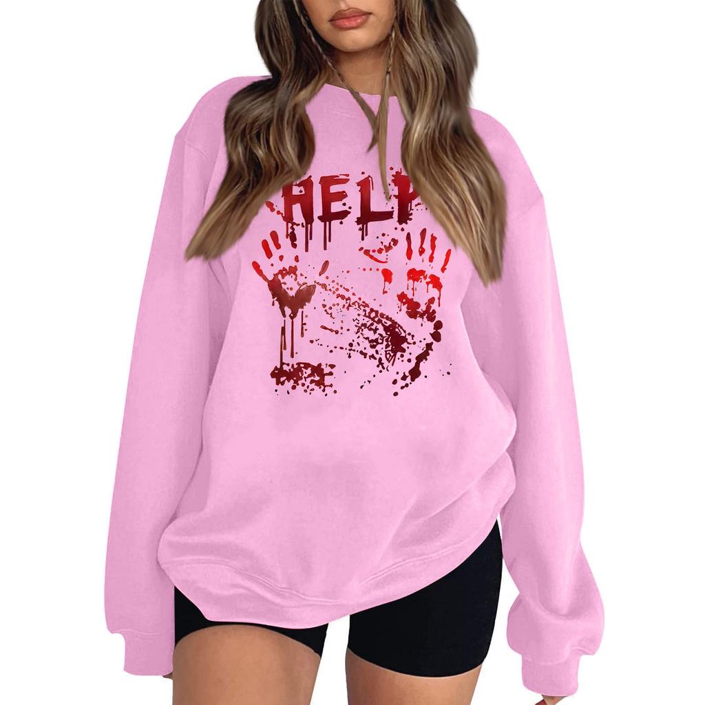 Women's Casual Round Neck Long Sleeved Pullover, Halloween Printed Top, Long Sleeved Hoodie