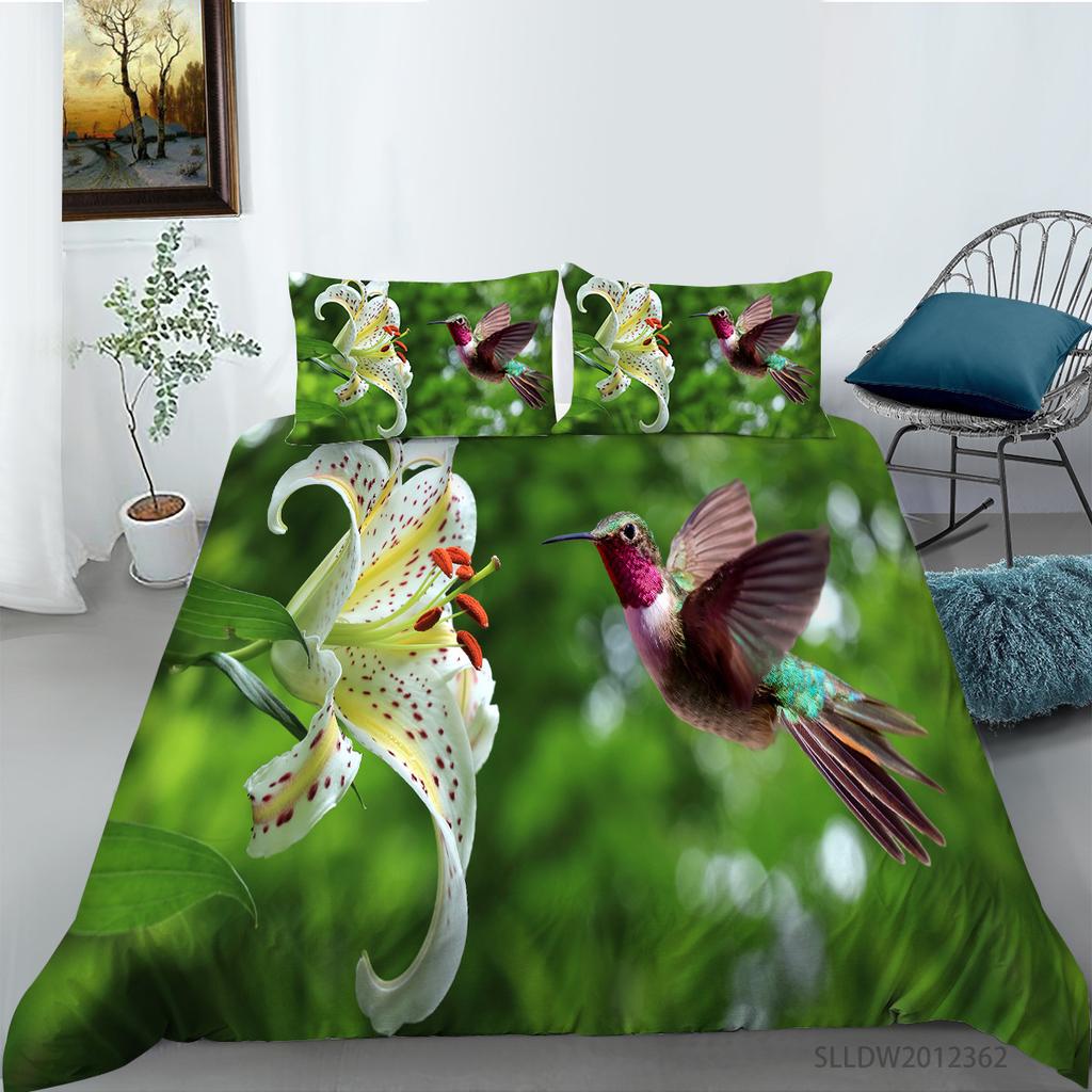 Hummingbird Duvet Cover Set King/Queen Size Small And Cute Tropical Bird Yellow Flower Green Leaves Bedding Set Women