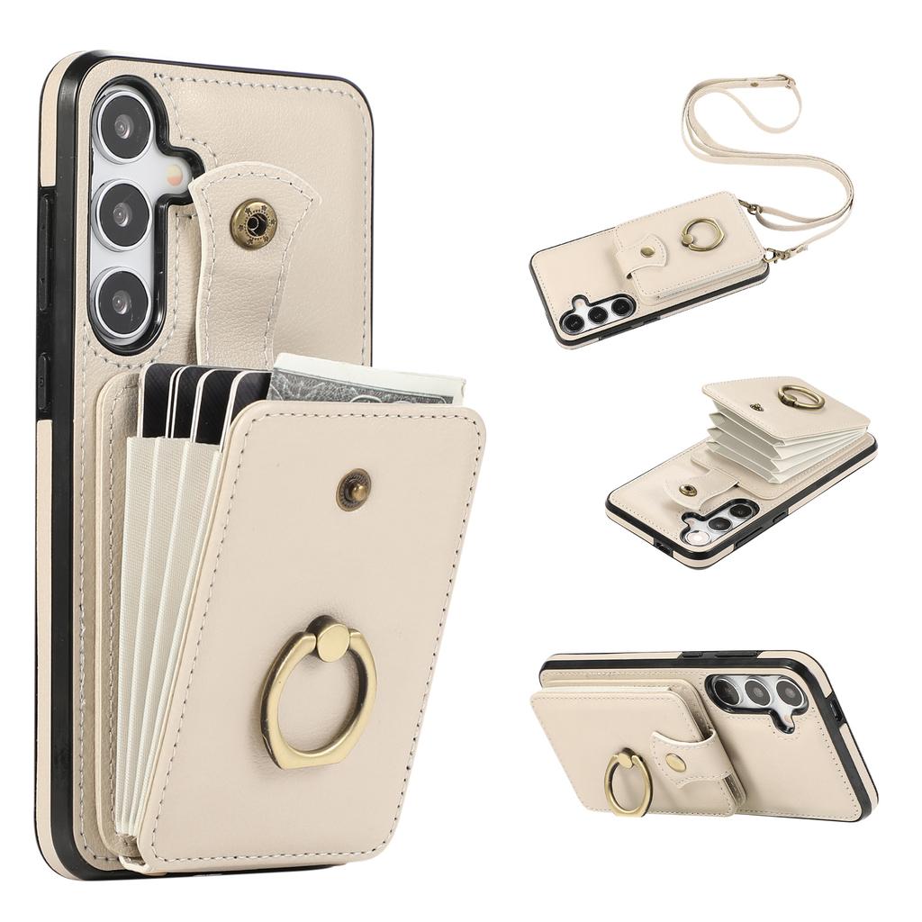 For Samsung Galaxy A26 5G Case Card Holder Ring Kickstand TPU+PU Leather Phone Cover with Long Strap
