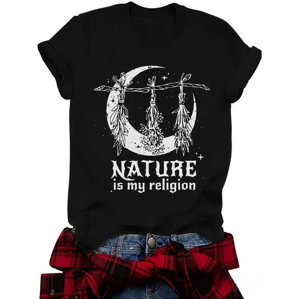 Women's Witch Hat & Moon Print Round Neck Tee, Vintage Trendy Casual Short Sleeve T-shirt Fit for Daily Wear, Ladies Summer Top, Halloween, Womenswear