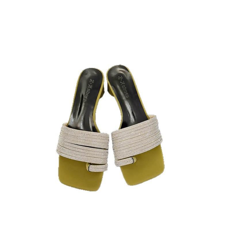 Красивый темперамент изысканное слово из стразов с крутыми шлепанцами летняя обувь средний каблук высокий каблук шлепанцы квадратный носок сандалии