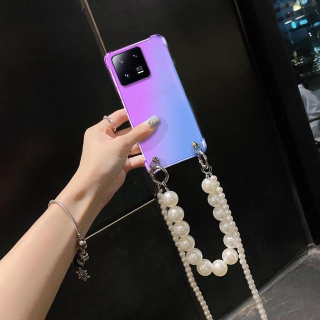 Чехол-ремешок для телефона с цепочкой из жемчуга через плечо для Xiaomi 14T Pro 14 CIVI 13T 14 13 Lite Ultra Redmi 14C Прозрачный градиентный противоударный силиконовый чехол
