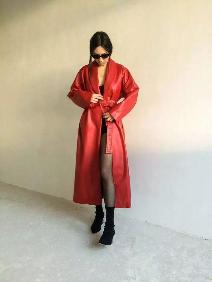 Модное Стильное Длинное Пальто Женское из Натуральной Овчины Красное