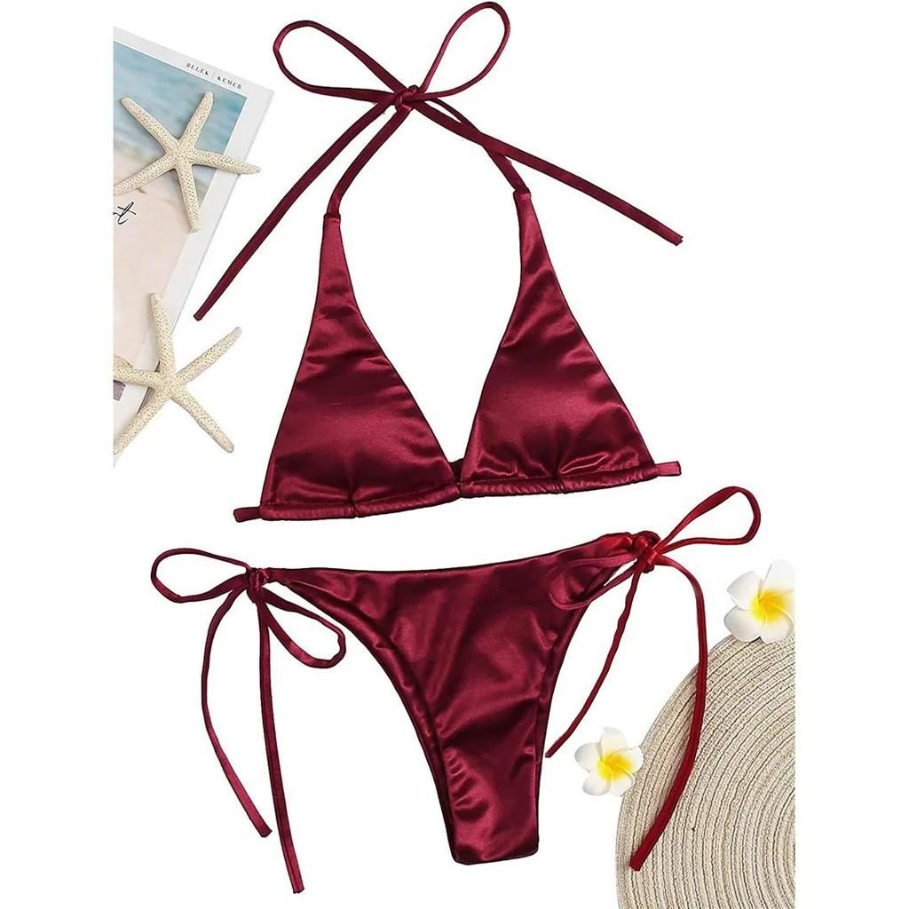 Sexy 13 Colors Halter Satin Brazilian Bikini Women Swimwear Female Swimsuit Two-pieces Bikini Set Bather Bathing Suit Swim