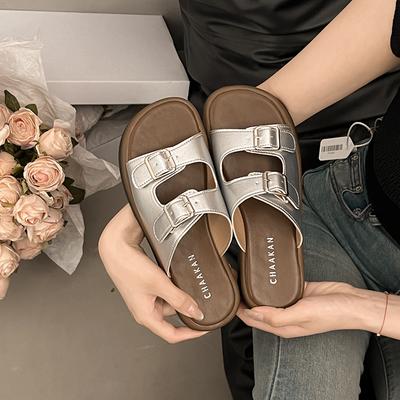 Женские летние новые уличные сандалии с круглым носком, открытым носком, металлической пряжкой, модные и универсальные, на плоской подошве, для пляжа