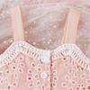 Модный костюм для девочек, летний детский повседневный кружевной топ с бретелькой через шею + шорты с вырезом и поясом