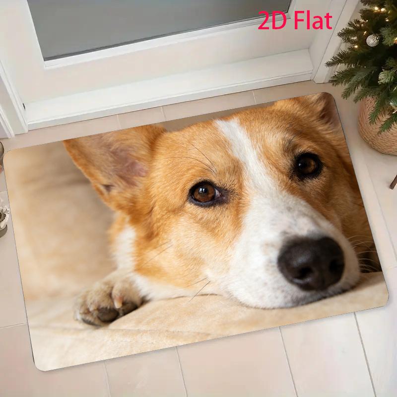 1pc Flannel Material Door Mat, Lazy Lying Realistic Yellow-White Corgi Dog Cute Pet Print Pattern, Pointed Plastic Bottom, Machine Washable, Suitable