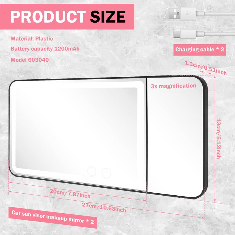 Car Sun Visor Vanity Mirror 3X Magnification Car Visor Mirror with LED Light 3 Colors Dimmable Makeup Mirrors for Cars SUV Truck