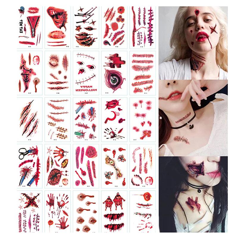 20/30/50 Sheets Halloween Terror Wound Temporary Tattoo Waterproof Realistic Blood Tattoos Injury Scar Tattoo Stickers For Body